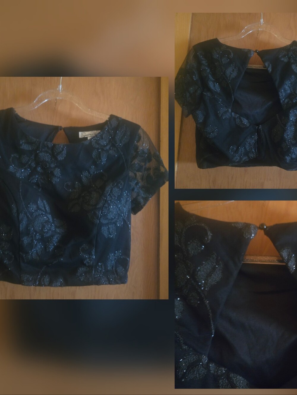 Speechless womens size 3 black open back floral glittery sparkly crop top blouse